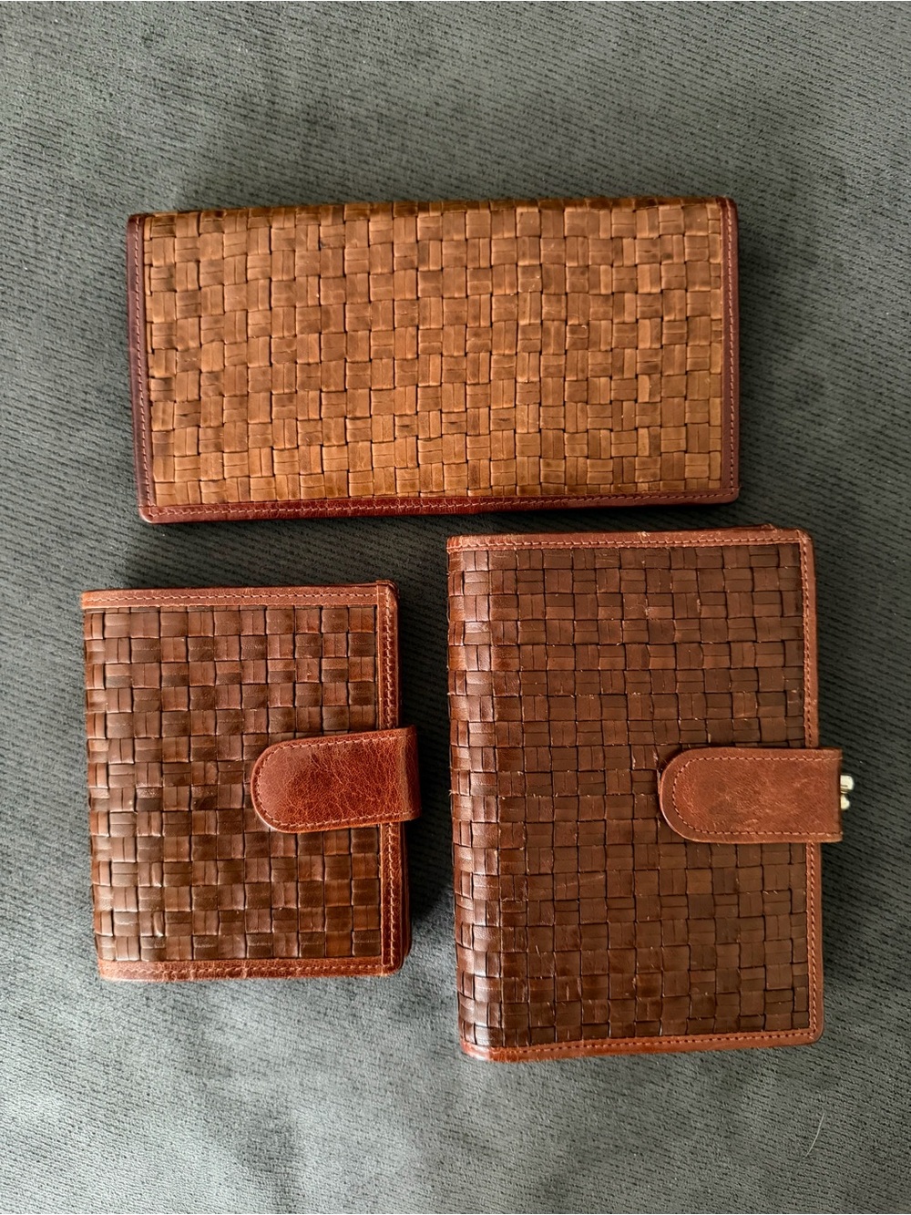 Vintage Neiman Marcus Italy Woven Brown Leather Set of 3 Wallet Check Card Case